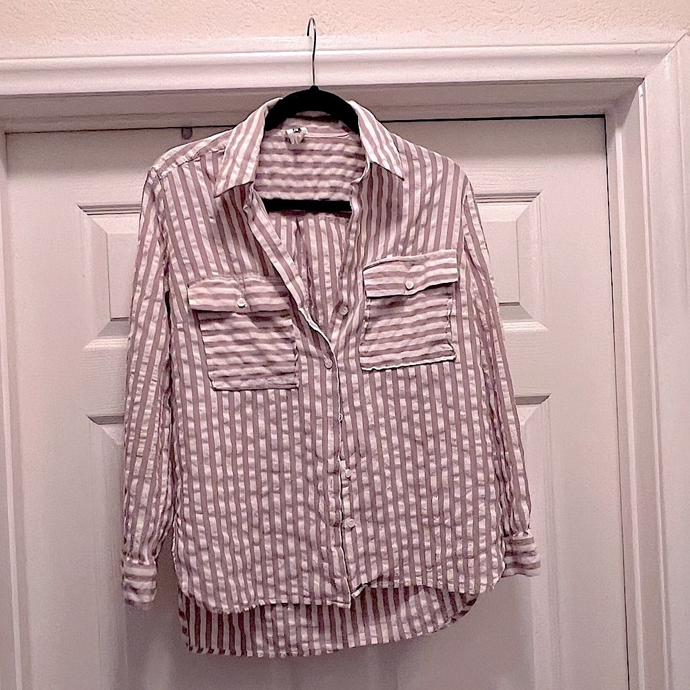 Flawless Women’s Long Sleeve Button Up Beige White Striped Cotton Shirt Size M